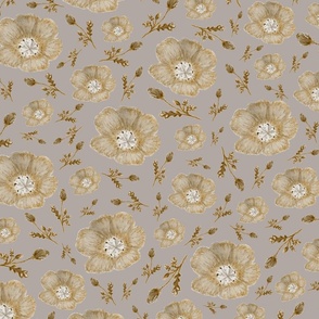 Golden Wildflowers Buds and Leaves on Light Taupe 407C