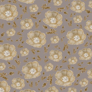 Golden Wildflowers Buds and Leaves on Dark Taupe 408C