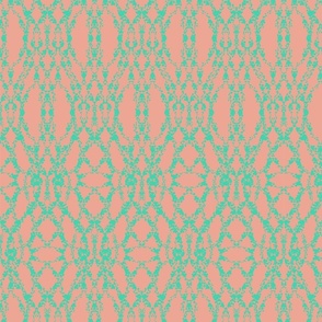 Imitation lace, Green-turquoise on a dark coral background