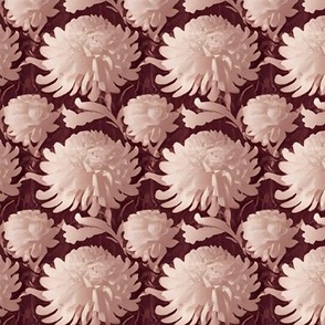 Antique Champagne Pink Chrysanthemums on a Burgundy Background