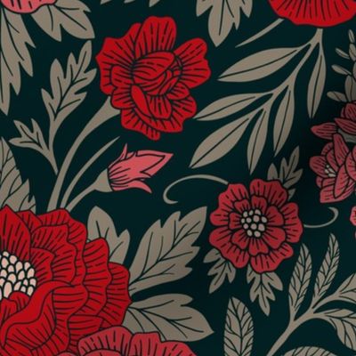 Large-Scale Ornate Red, Gray & Dark Teal Floral