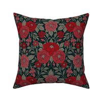 Small-Scale Ornate Red, Gray & Dark Teal Floral