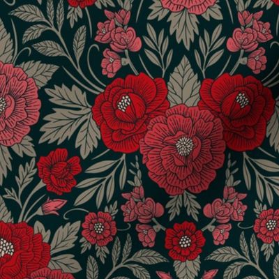 Small-Scale Ornate Red, Gray & Dark Teal Floral