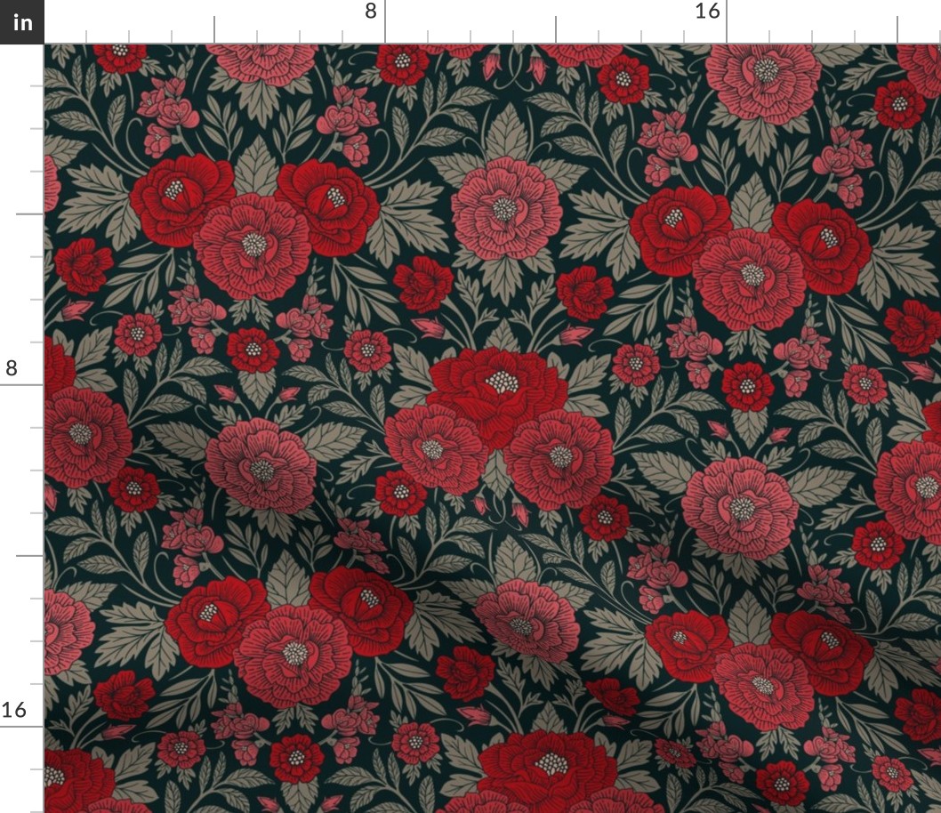 Small-Scale Ornate Red, Gray & Dark Teal Floral