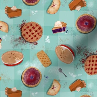 Pie feast on teal checkers 