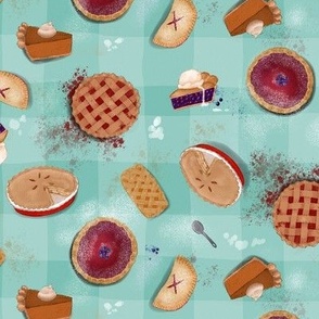Pie feast on teal checkers 