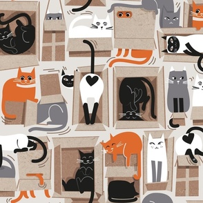 Normal scale // Purfect feline architecture // beige background cute cats in cardboard boxes 