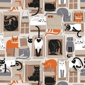 Small scale // Purfect feline architecture // beige background cute cats in cardboard boxes 