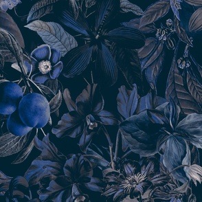 Moody Blue Midnight Jungle Flower Pattern
