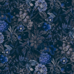 Moody Blue Midnight Jungle Flower Pattern Smaller Scale