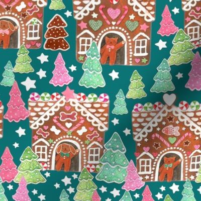 gingerbread houses with cats and dogs , candy and Christmas  trees on pine green