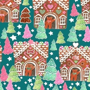 gingerbread houses with cats and dogs , candy and Christmas  trees on pine green