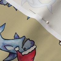 Santa Hat Shark Christmas Watercolor - Tan