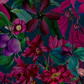 Moody Fuchsia Burgundy Midnight Jungle Flower Pattern