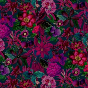 Moody Fuchsia Burgundy Midnight Jungle Flower Pattern Smaller Scale