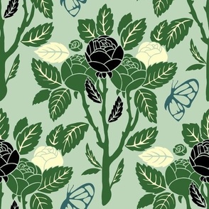Green roses_art deco_sea glass background_with butterfly   