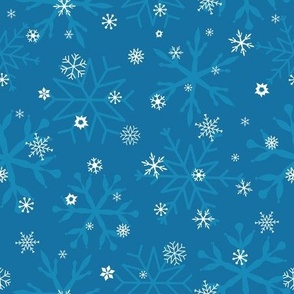 White snowflakes on denim blue, Christmas holidays, New Year decor