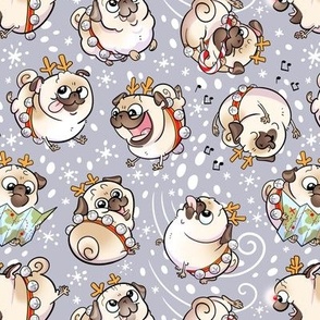 Reindeer Pugs -  Flannel Gray