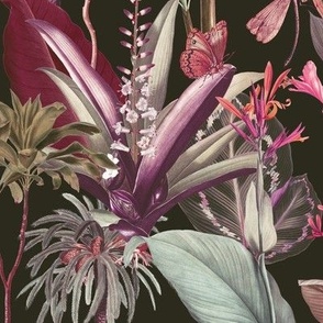Palms and Pashion Flowers, Dark BG // x-large