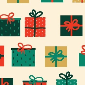 Horizontal lines of colorful presents, Christmas gifts wrapped in red, green and brown