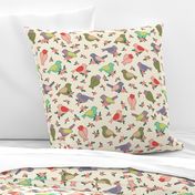 Large Cute Chickadee Sparrow Birds and Sprigs of Winter Red Berries on Cream