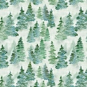 Watercolor Evergreen Christmas Trees with lights - Ditsy Scale - Linen Texture Background Holiday Winter