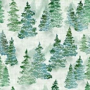 Watercolor Evergreen Christmas Trees with lights - Small Scale - Linen Texture Background Holiday Winter