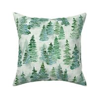 Watercolor Evergreen Christmas Trees with lights - Large Scale - Linen Texture Background Holiday Winter