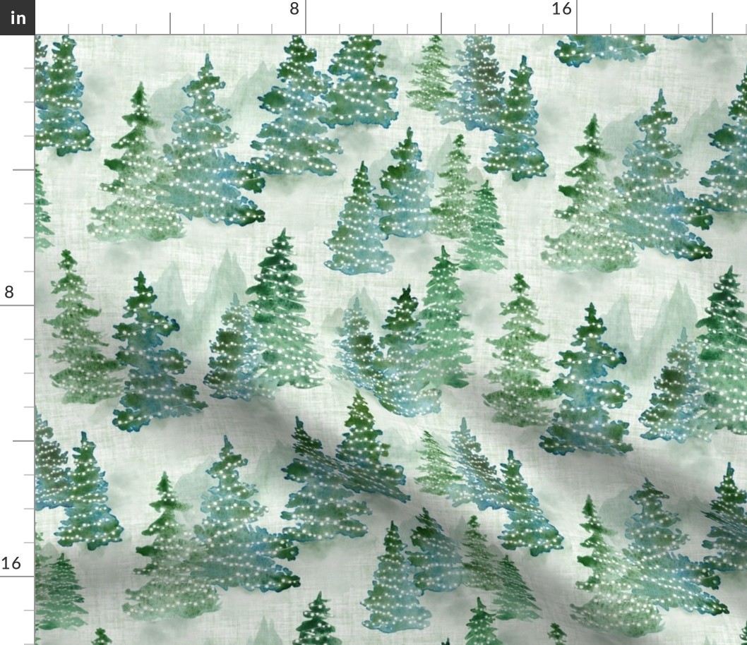 Watercolor Evergreen Christmas Trees with lights - Large Scale - Linen Texture Background Holiday Winter