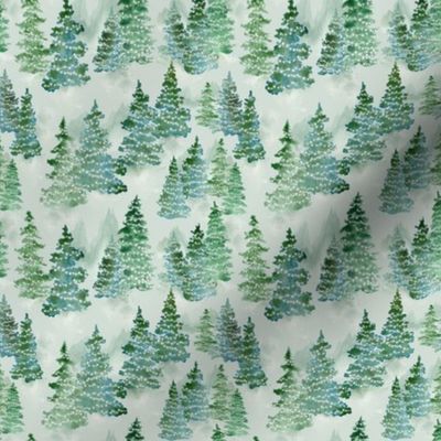 Watercolor Evergreen Christmas Trees with Lights - Ditsy Scale - Woodland Woods Forest Misty Foggy Mountains Pine Trees Holiday Winter