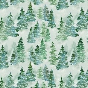 Watercolor Evergreen Christmas Trees with Lights - Ditsy Scale - Woodland Woods Forest Misty Foggy Mountains Pine Trees Holiday Winter