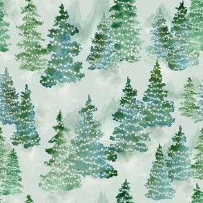 Watercolor Evergreen Christmas Trees with Lights - Small Scale - Woodland Woods Forest Misty Foggy Mountains Pine Trees Holiday Winter