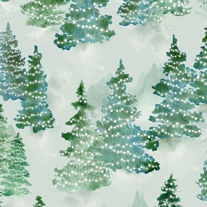 Watercolor Evergreen Christmas Trees with Lights - Large Scale - Woodland Woods Forest Misty Foggy Mountains Pine Trees Holiday Winter