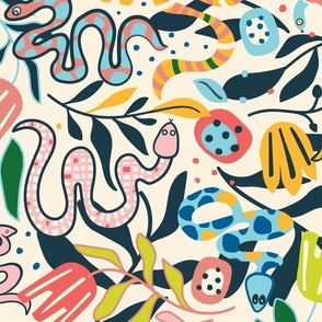 Snakes in high spirits | Beige and Colorful | Wallpaper Large scale ©designsbyroochita