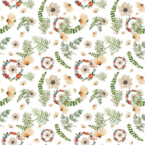 Seamless anemone and branch a watercolor pattern
