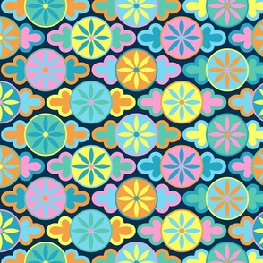 Geometric Retro Flowers in a 60s-70s style with bright colors– blue, pink, yellow, orange, teal  SMALL
