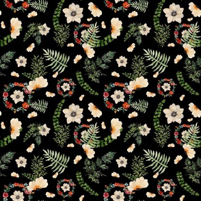 Seamless anemone ornate a black watercolor pattern
