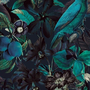 Moody Teal Midnight Jungle Flower And Bird Pattern Smaller Scale