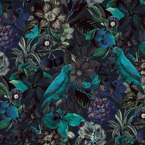 Moody Teal Midnight Jungle Flower And Bird Pattern Smaller Scale