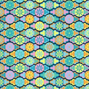 Geometric Retro Flowers in a 60s-70s style with bright colors– blue, pink, yellow, orange, teal  TINY