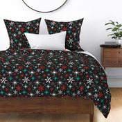 Stardust  - Retro Christmas Snowflakes and Stars - Winter Black Multi Large Scale