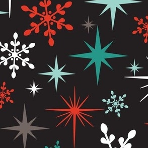 Stardust  - Retro Christmas Snowflakes and Stars - Winter Black Multi Large Scale