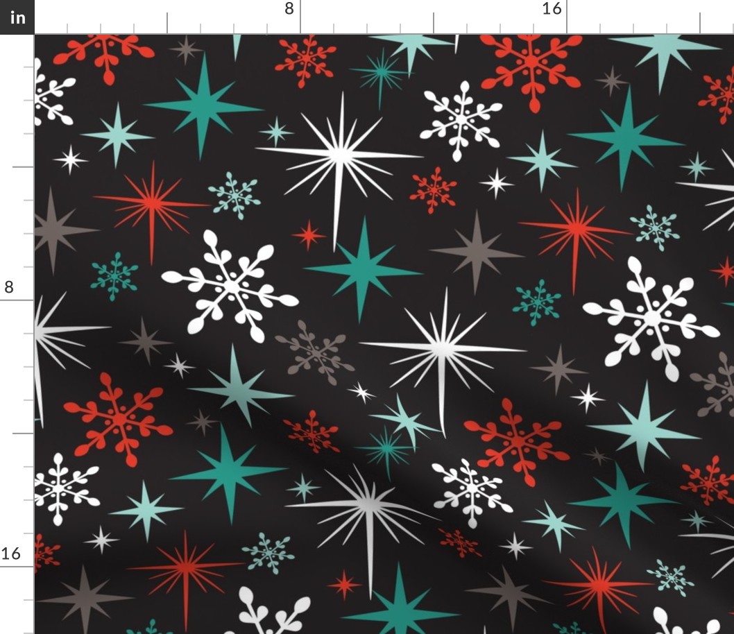 Stardust  - Retro Christmas Snowflakes and Stars - Winter Black Multi Large Scale