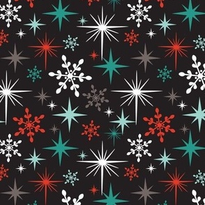 Stardust  - Retro Christmas Snowflakes and Stars - Winter Black Multi Regular Scale