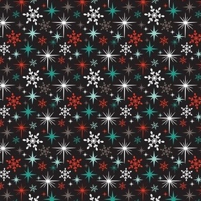 Stardust  - Retro Christmas Snowflakes and Stars - Winter Black Multi Small Scale