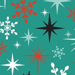 Stardust  - Retro Christmas Snowflakes and Stars - Winter Teal Multi Large Scale