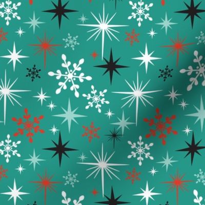 Stardust  - Retro Christmas Snowflakes and Stars - Winter Teal Multi Regular Scale