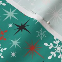 Stardust  - Retro Christmas Snowflakes and Stars - Winter Teal Multi Regular Scale