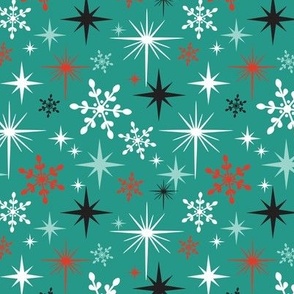 Stardust  - Retro Christmas Snowflakes and Stars - Winter Teal Multi Regular Scale