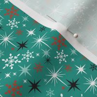 Stardust  - Retro Christmas Snowflakes and Stars - Winter Teal Multi Small Scale